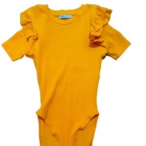 ZARA Orange Bodysuit Ruffle Sleeve Ribbed Material